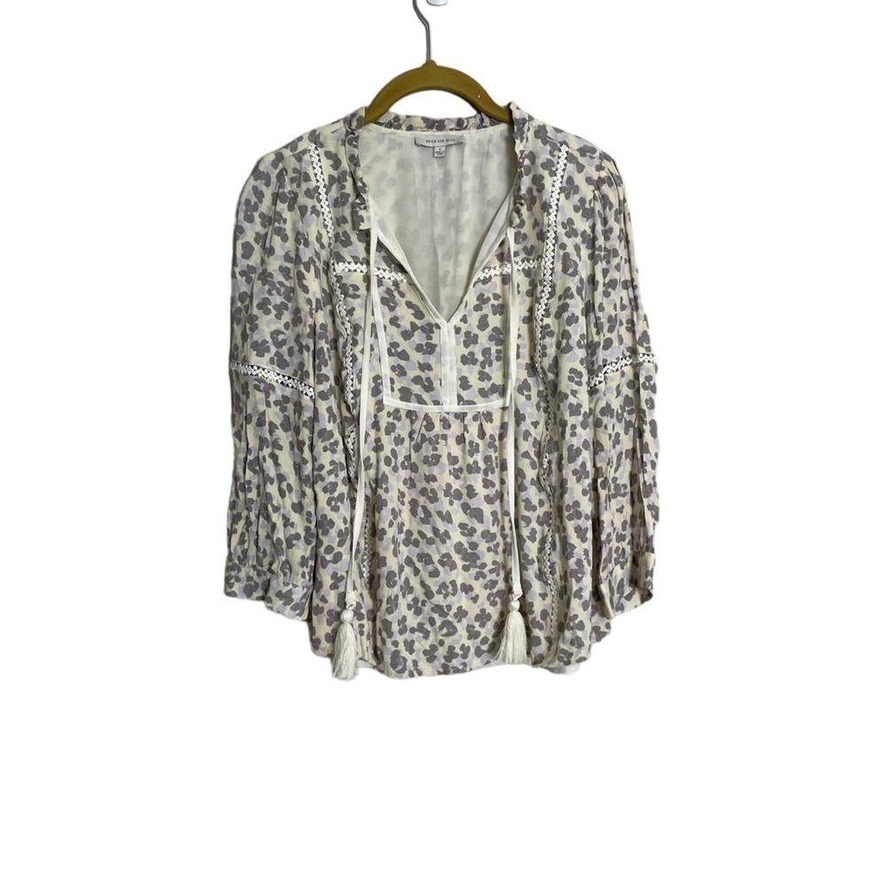 Skies are Blue Animal Print Boho Tassel Blouse Small